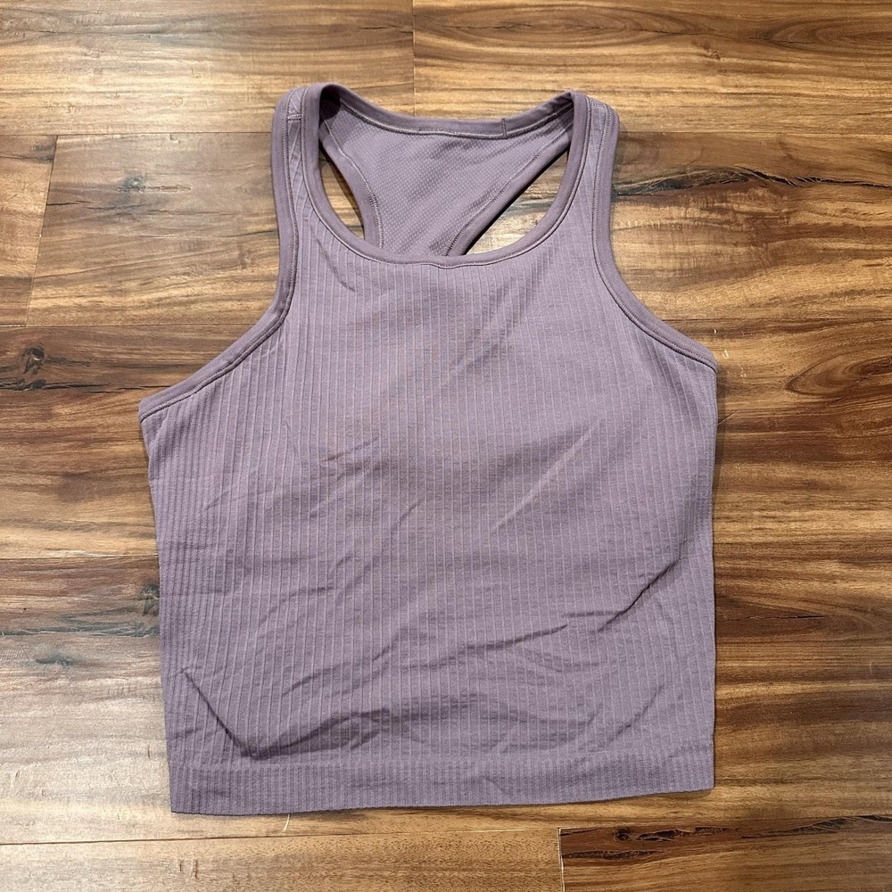 Lululemon Tank Top Womens Medium Purple Ribbed Cropped High Neck Racerback Yoga